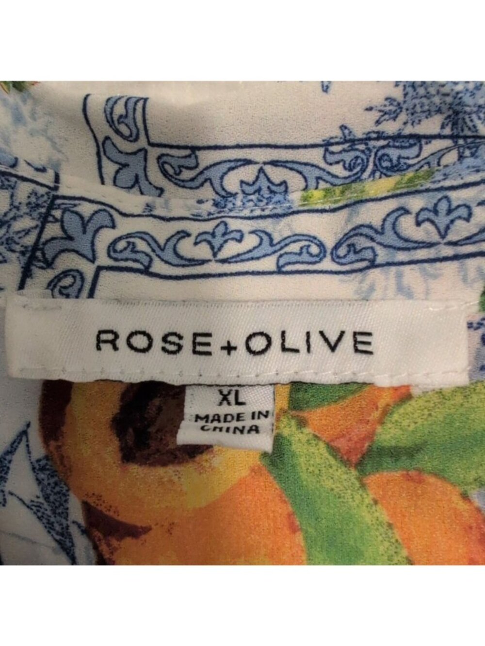 Rose & Olive Floral Fruit Shirt Womens Size XL Blue Patchwork Camp 3/4 Sleeves - Picture 5 of 9